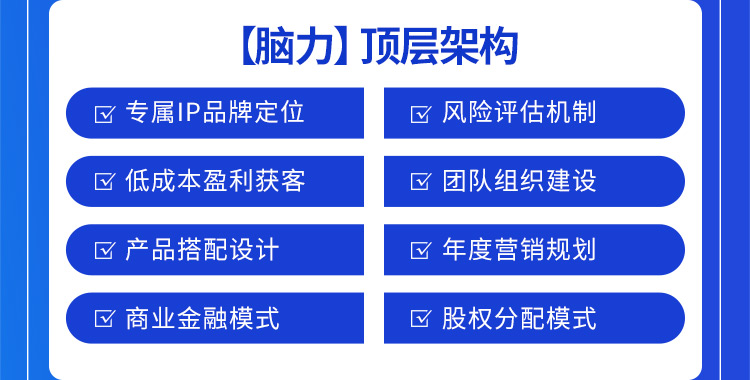 陌谷頂層架構(gòu)：專屬IP品牌定位，風險評估機制，低成本盈利獲客，團隊組織建設(shè)，產(chǎn)品搭配設(shè)計，年度營銷規(guī)劃，商業(yè)金融模式，股權(quán)分配模式